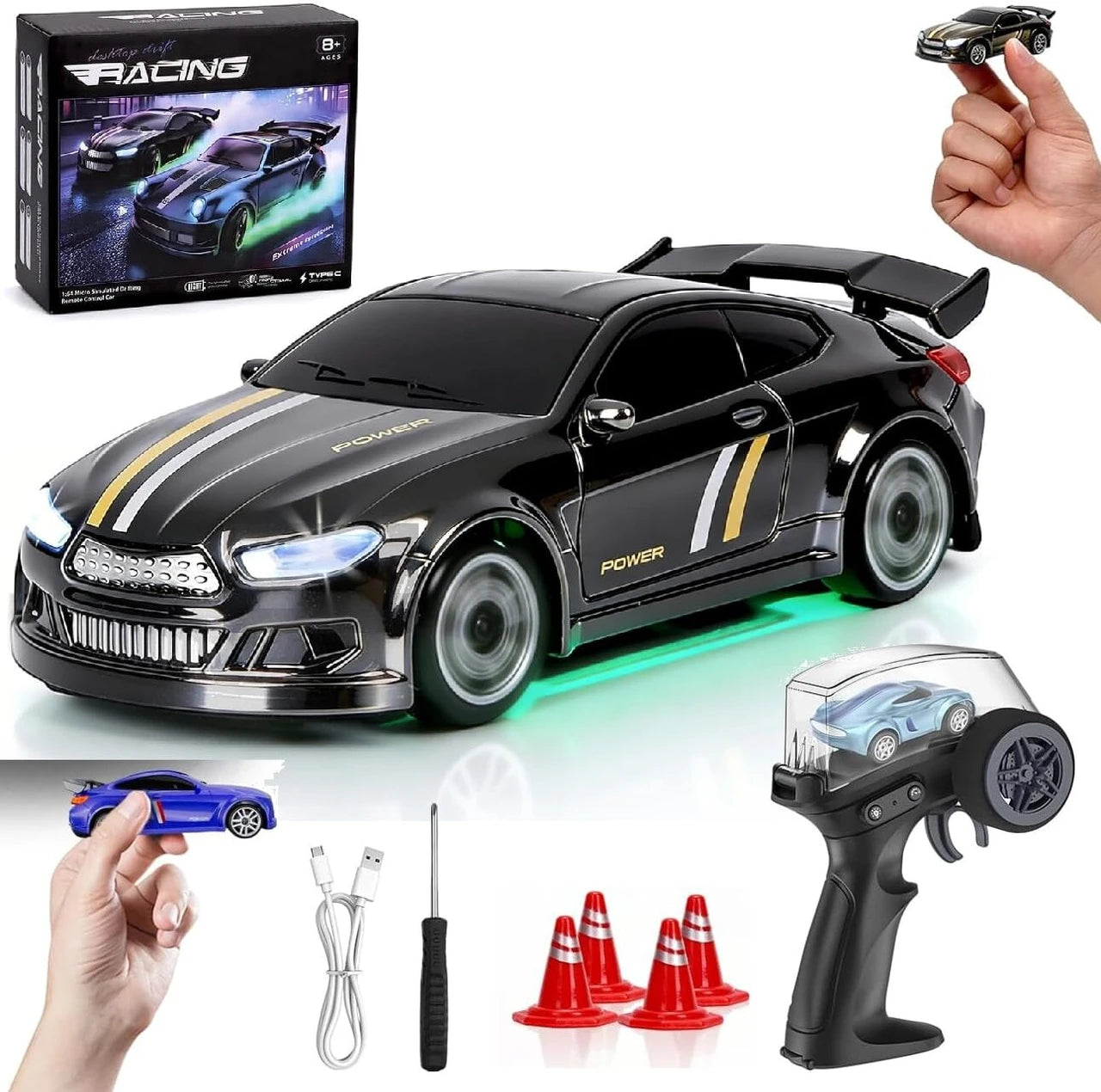 Mini RC Drift Car 1:64 Scale 4WD Remote Control Car with LED Lights, 2 Speed Modes, 2.4GHz Racing Drift Car with Track Mat & Obstacles, Rechargeable Toy for Kids & Adults