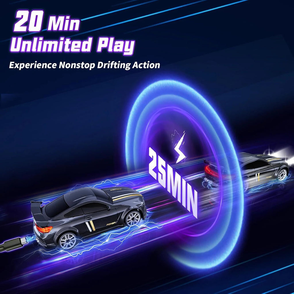 Mini RC Drift Car 1:64 Scale 4WD Remote Control Car with LED Lights, 2 Speed Modes, 2.4GHz Racing Drift Car with Track Mat & Obstacles, Rechargeable Toy for Kids & Adults