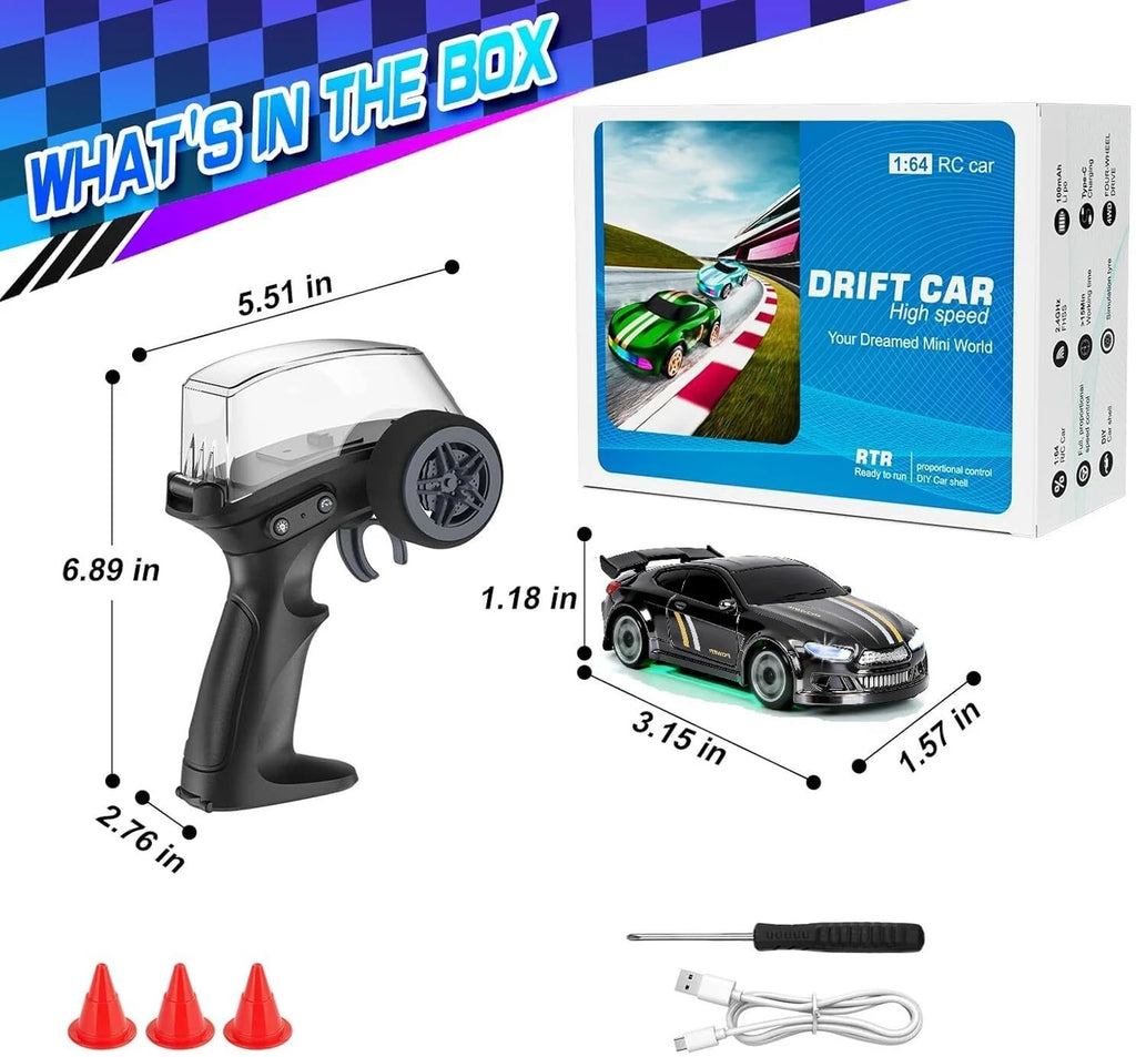 Mini RC Drift Car 1:64 Scale 4WD Remote Control Car with LED Lights, 2 Speed Modes, 2.4GHz Racing Drift Car with Track Mat & Obstacles, Rechargeable Toy for Kids & Adults