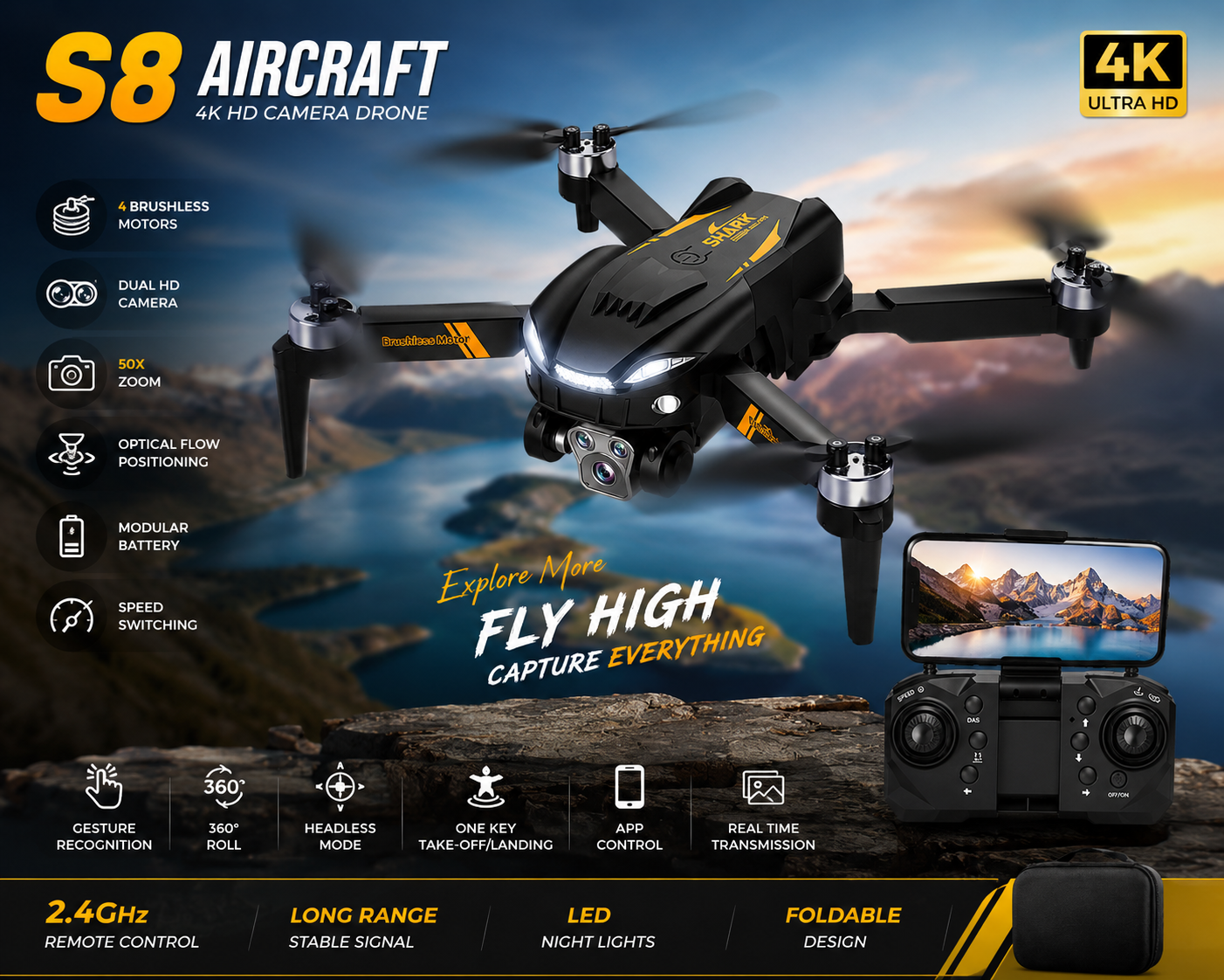 S8 Drone with 4K HD Dual Camera, 4 Brushless Motors, Optical Flow Positioning, 360° Flip, Gesture Control, Headless Mode, One-Key Take-Off/Landing & 2.4GHz Remote Control