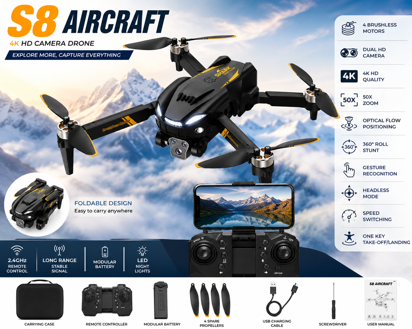 S8 Drone with 4K HD Dual Camera, 4 Brushless Motors, Optical Flow Positioning, 360° Flip, Gesture Control, Headless Mode, One-Key Take-Off/Landing & 2.4GHz Remote Control