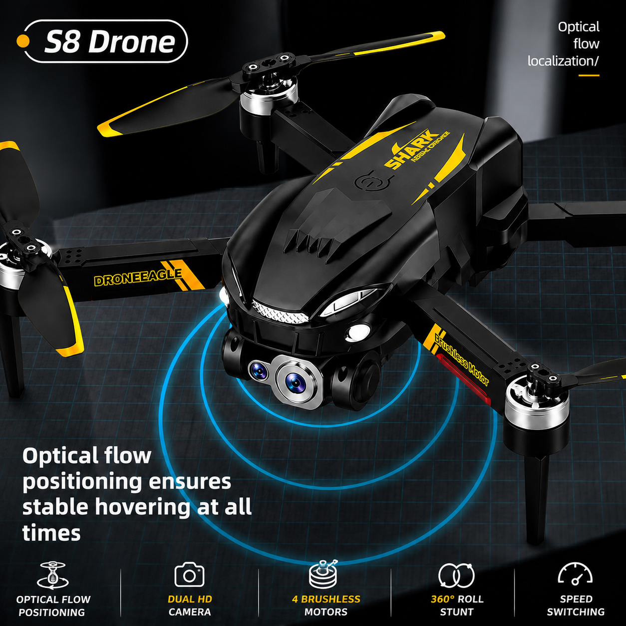 S8 Drone with 4K HD Dual Camera, 4 Brushless Motors, Optical Flow Positioning, 360° Flip, Gesture Control, Headless Mode, One-Key Take-Off/Landing & 2.4GHz Remote Control
