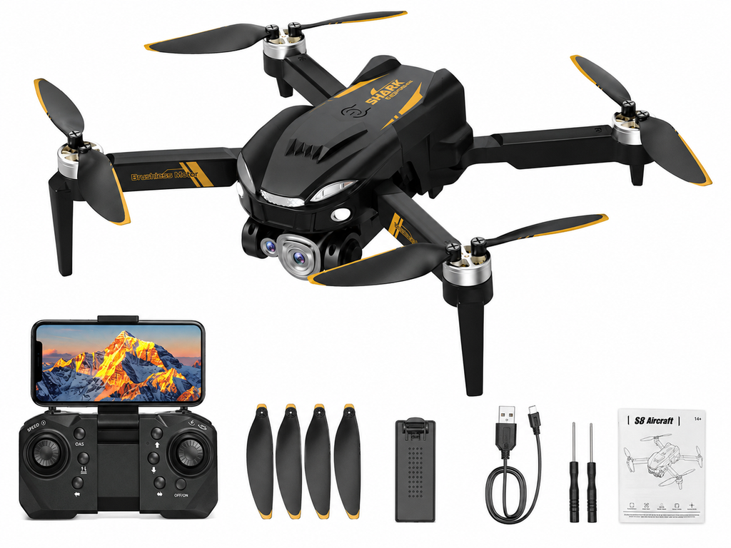 S8 Drone with 4K HD Dual Camera, 4 Brushless Motors, Optical Flow Positioning, 360° Flip, Gesture Control, Headless Mode, One-Key Take-Off/Landing & 2.4GHz Remote Control