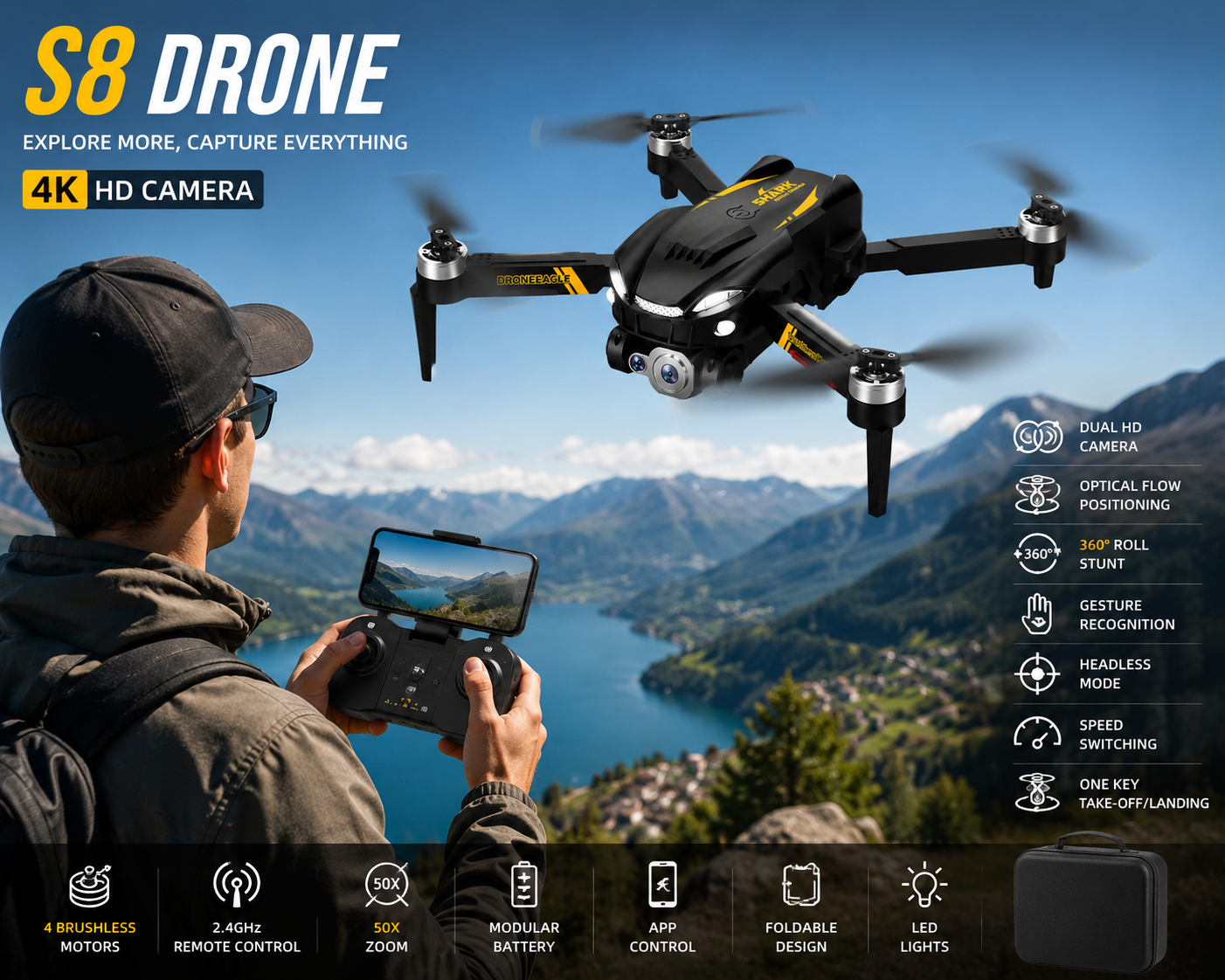 S8 Drone with 4K HD Dual Camera, 4 Brushless Motors, Optical Flow Positioning, 360° Flip, Gesture Control, Headless Mode, One-Key Take-Off/Landing & 2.4GHz Remote Control