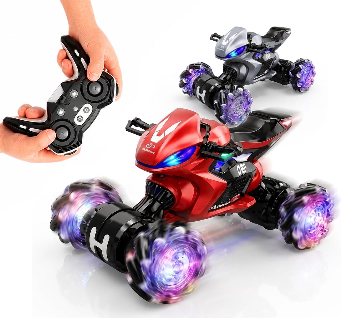 ATV Style RC Drift Bike with 360° Rotation 2.4GHz Remote & Watch Control Twist Deformation LED Light-Up Wheels Inbuilt Music & 1-Click Demonstration Rechargeable Motorcycle for Boys