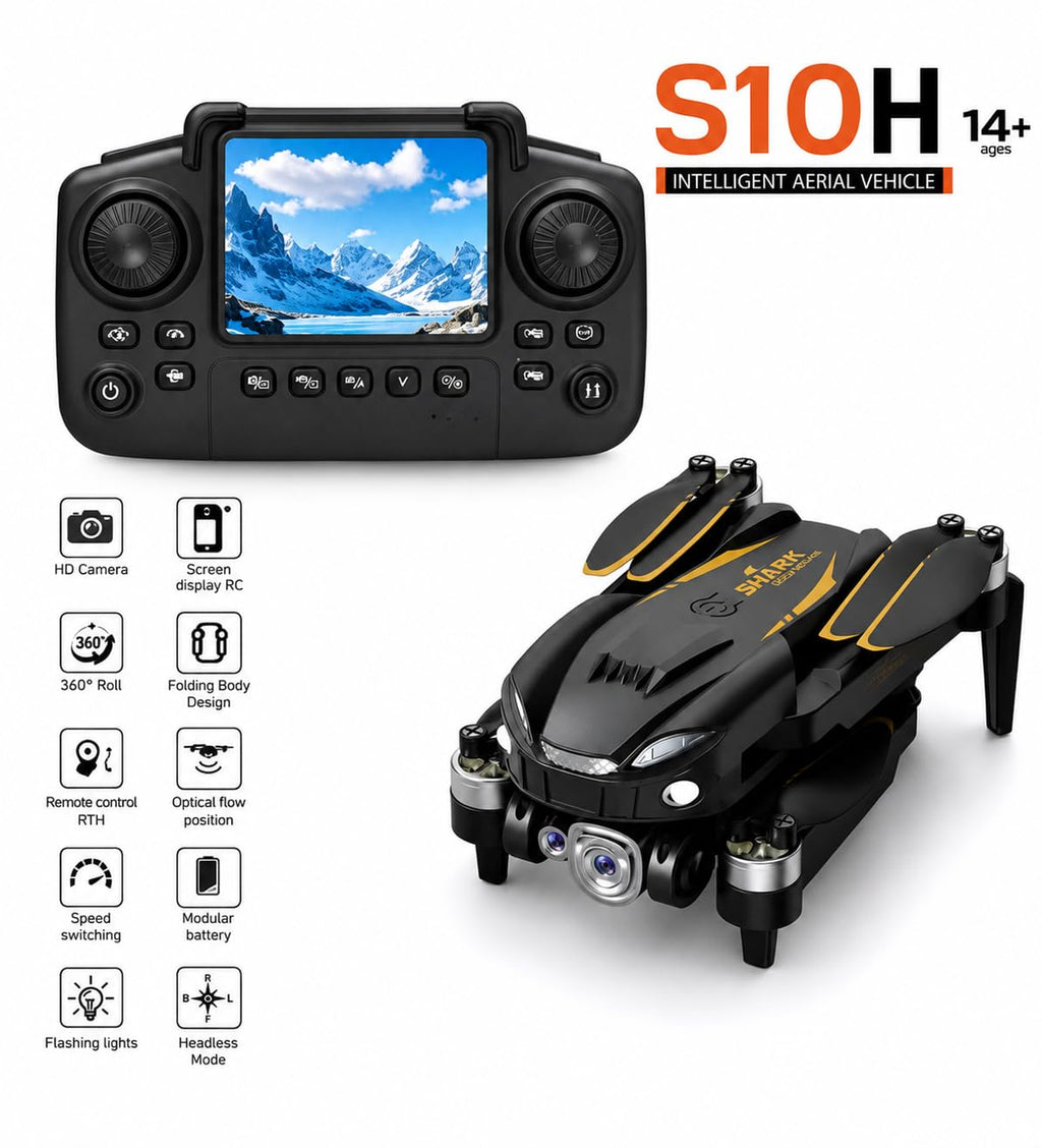 S10H WiFi Foldable Drone with Dual Camera Optical Flow Positioning Brushless Motor Display Remote Controller 360° Flip, One-Key Takeoff/Landing & Rechargeable Battery