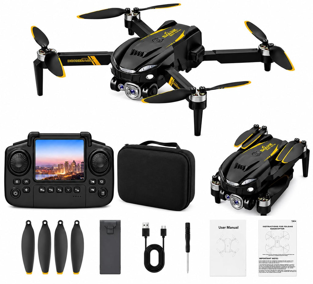 S10H WiFi Foldable Drone with Dual Camera Optical Flow Positioning Brushless Motor Display Remote Controller 360° Flip, One-Key Takeoff/Landing & Rechargeable Battery