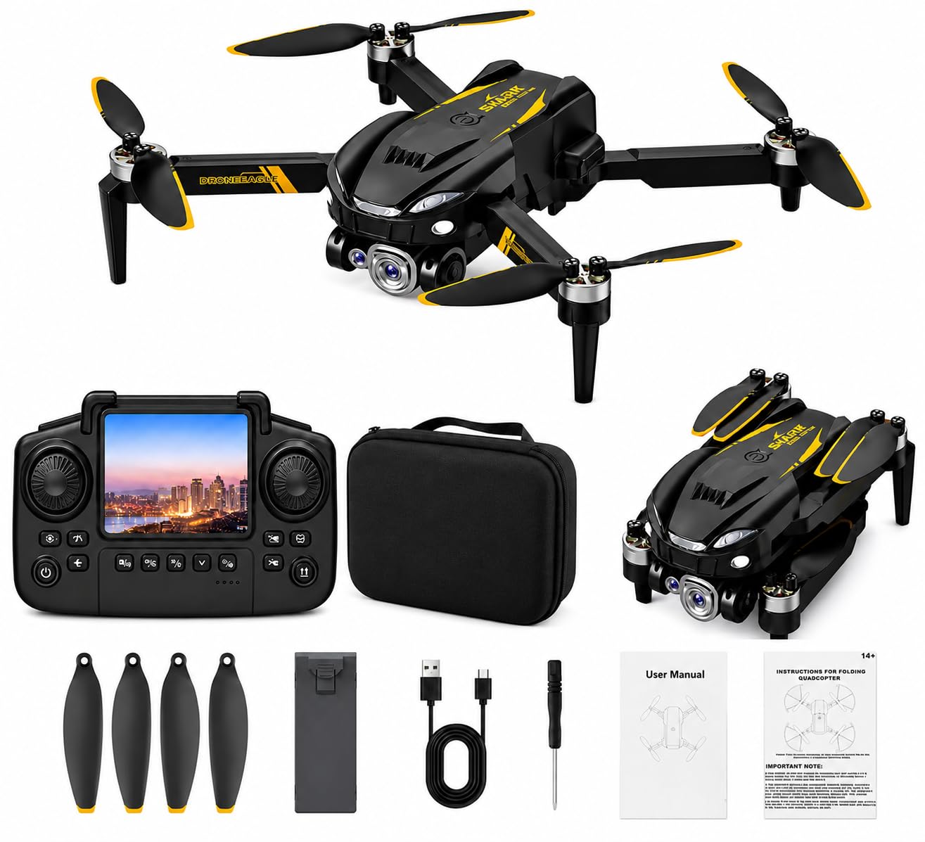 S10H WiFi Foldable Drone with Dual Camera Optical Flow Positioning Brushless Motor Display Remote Controller 360° Flip, One-Key Takeoff/Landing & Rechargeable Battery