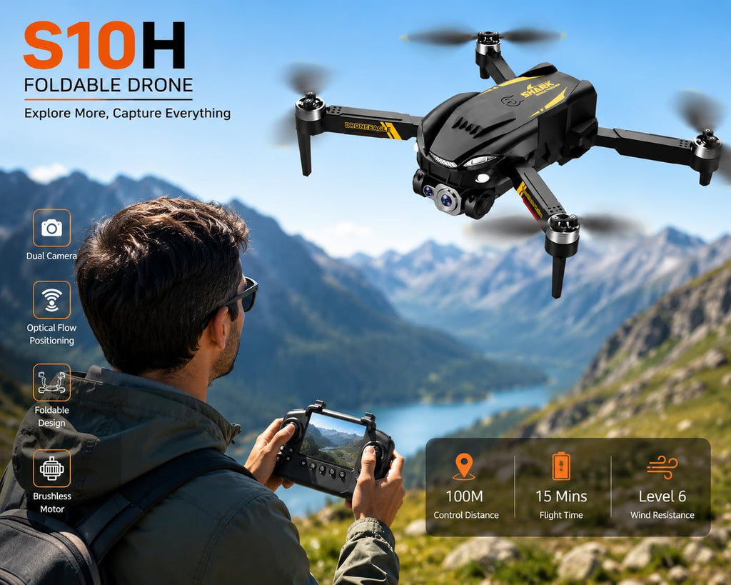 S10H WiFi Foldable Drone with Dual Camera Optical Flow Positioning Brushless Motor Display Remote Controller 360° Flip, One-Key Takeoff/Landing & Rechargeable Battery