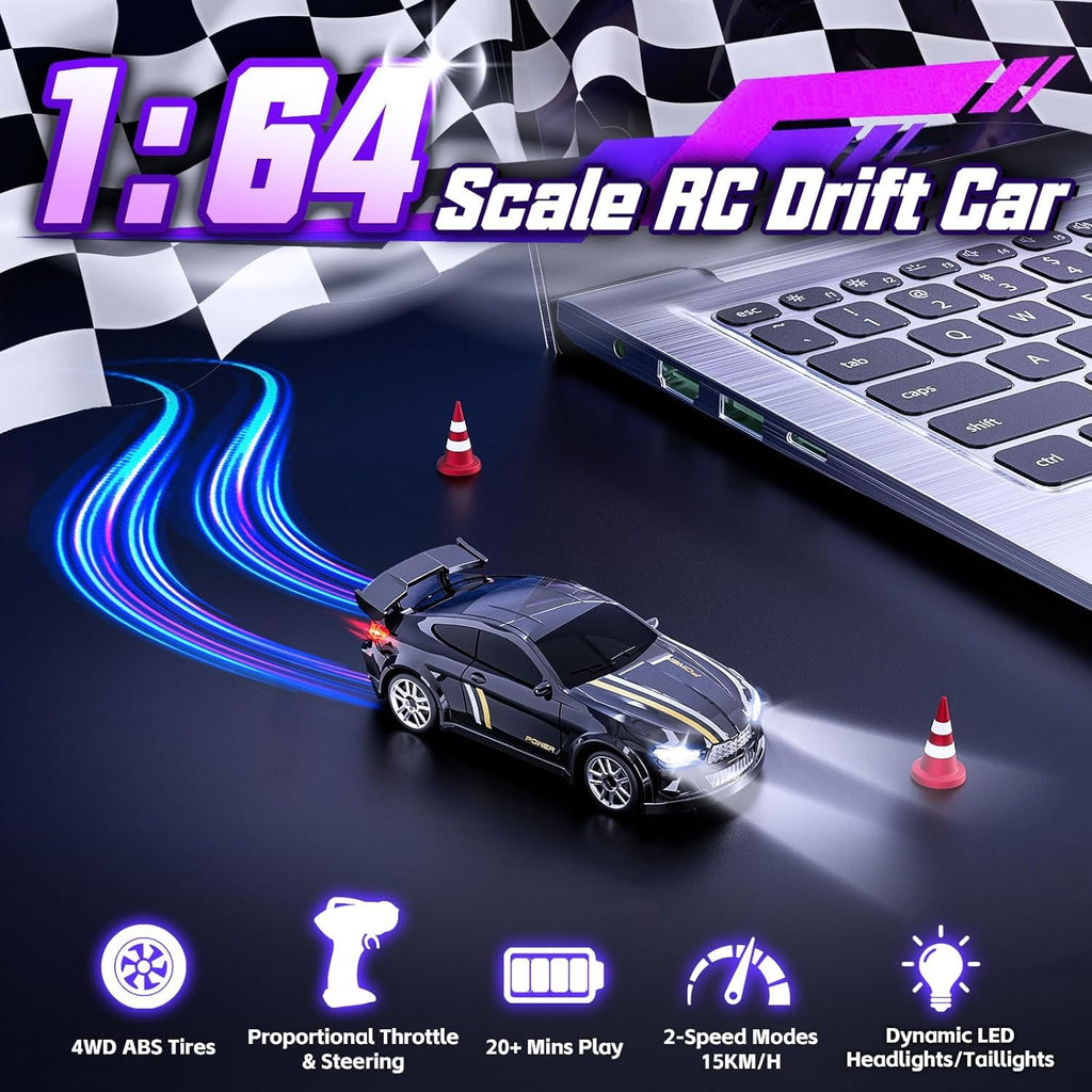 Mini RC Drift Car 1:64 Scale Remote Control Car with LED Lights & Speed Modes, 2.4GHz Stunt Drifting RC Toys, Hobby Gift for Kids & Adults