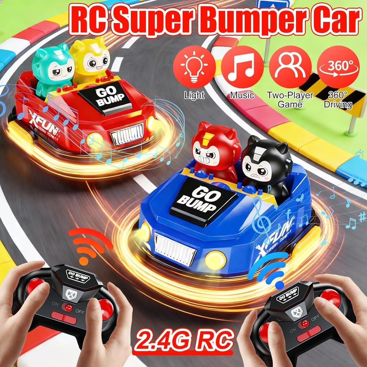 Remote Control Bumper Car Toy for Kids, 2-Player Battle Racing Game with Ejectable Drivers, 4-Channel RC Cars, Cool Lights & Sound, Rechargeable Battery, Fun Indoor Toys