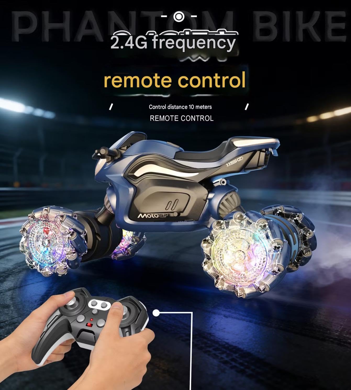 ATV Style RC Drift Bike with 360° Rotation 2.4GHz Remote & Watch Control Twist Deformation LED Light-Up Wheels Inbuilt Music & 1-Click Demonstration Rechargeable Motorcycle for Boys