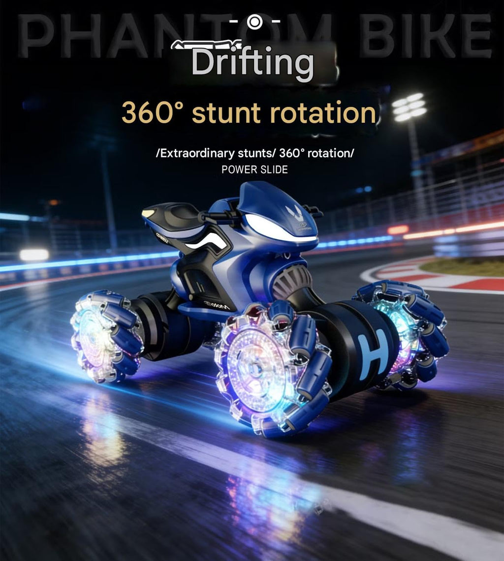 ATV Style RC Drift Bike with 360° Rotation 2.4GHz Remote & Watch Control Twist Deformation LED Light-Up Wheels Inbuilt Music & 1-Click Demonstration Rechargeable Motorcycle for Boys