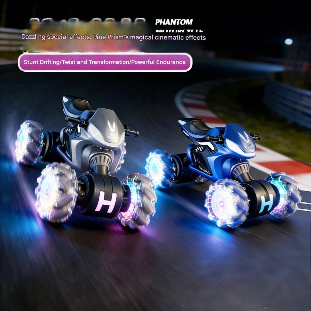 ATV Style RC Drift Bike with 360° Rotation 2.4GHz Remote & Watch Control Twist Deformation LED Light-Up Wheels Inbuilt Music & 1-Click Demonstration Rechargeable Motorcycle for Boys