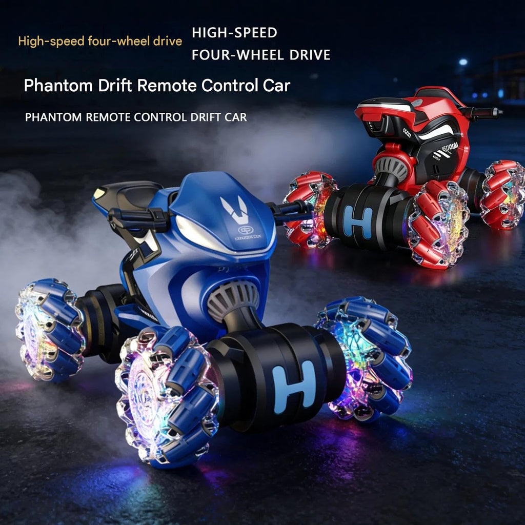 ATV Style RC Drift Bike with 360° Rotation 2.4GHz Remote & Watch Control Twist Deformation LED Light-Up Wheels Inbuilt Music & 1-Click Demonstration Rechargeable Motorcycle for Boys