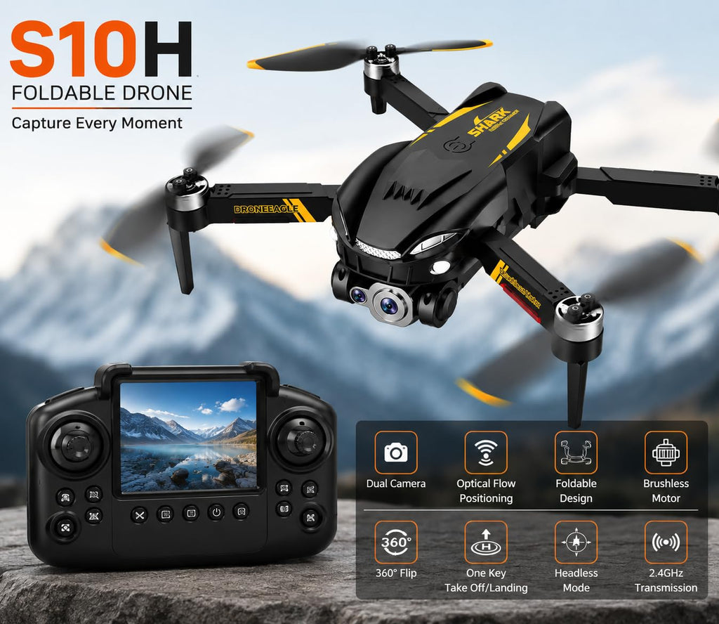 S10H WiFi Foldable Drone with Dual Camera Optical Flow Positioning Brushless Motor Display Remote Controller 360° Flip, One-Key Takeoff/Landing & Rechargeable Battery