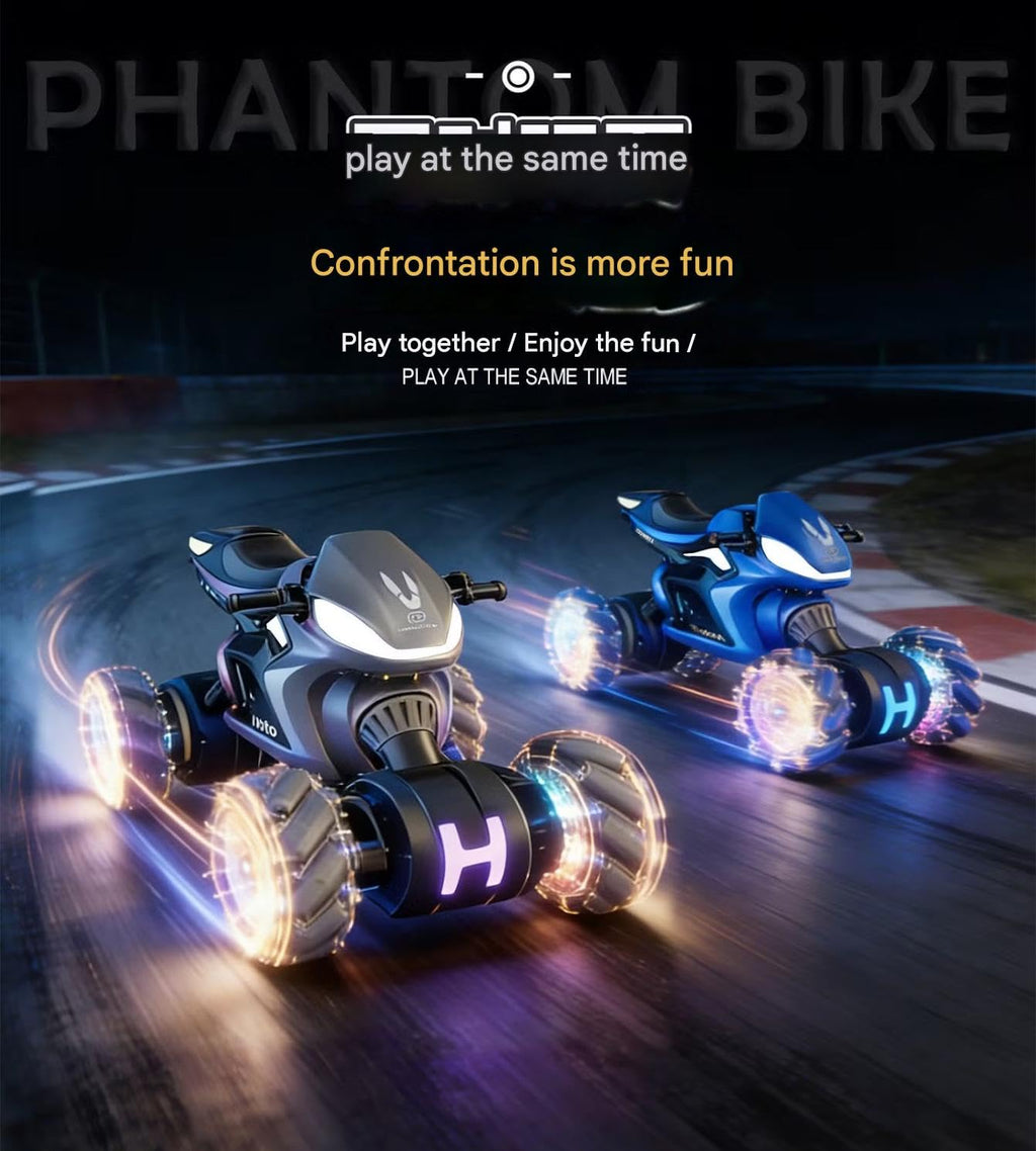 ATV Style RC Drift Bike with 360° Rotation 2.4GHz Remote & Watch Control Twist Deformation LED Light-Up Wheels Inbuilt Music & 1-Click Demonstration Rechargeable Motorcycle for Boys