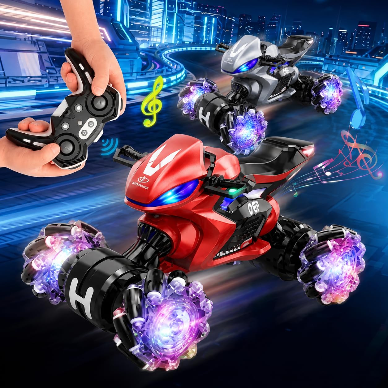 ATV Style RC Drift Bike with 360° Rotation 2.4GHz Remote & Watch Control Twist Deformation LED Light-Up Wheels Inbuilt Music & 1-Click Demonstration Rechargeable Motorcycle for Boys