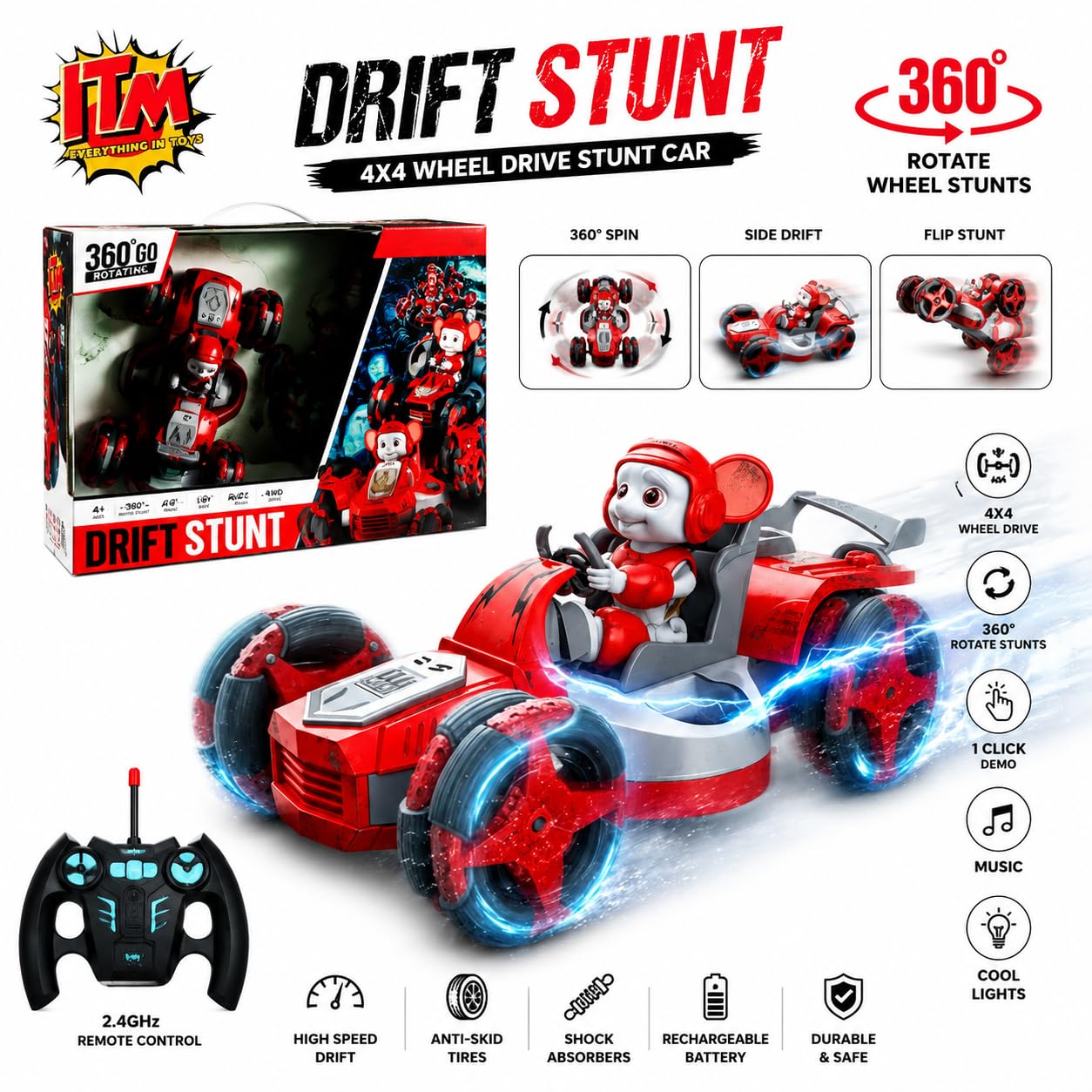 Go Kart Remote Control Drift Car 4x4 RC Drifting Car High Speed Racing 360° Rotate 4WD Toy for Kids Boys Birthday Gift