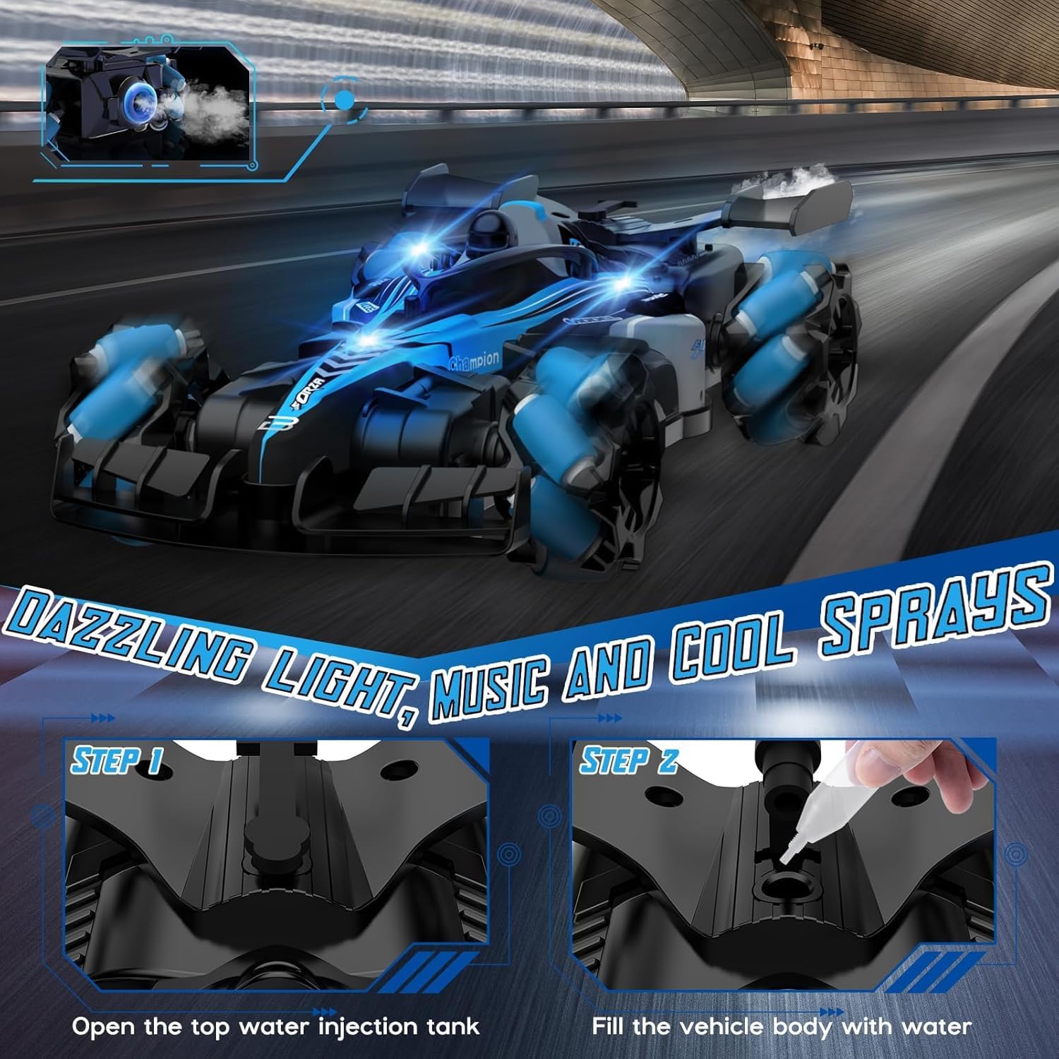 4WD 2.4GHz Drift RC Car with LED Light, F1 Music and Spray Off Road Remote Control Stunt Car 4x4 for 3+ Boys & Girls