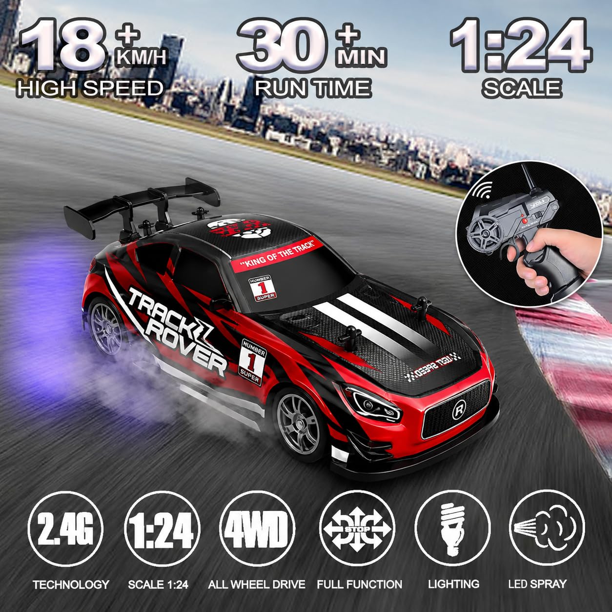 1:24 Remote Control High Speed Racing Drifting Car 20KMH for Boys 4x4 Wheel Drive Rechargeable Extra Drifting Tires Birthday Gifts