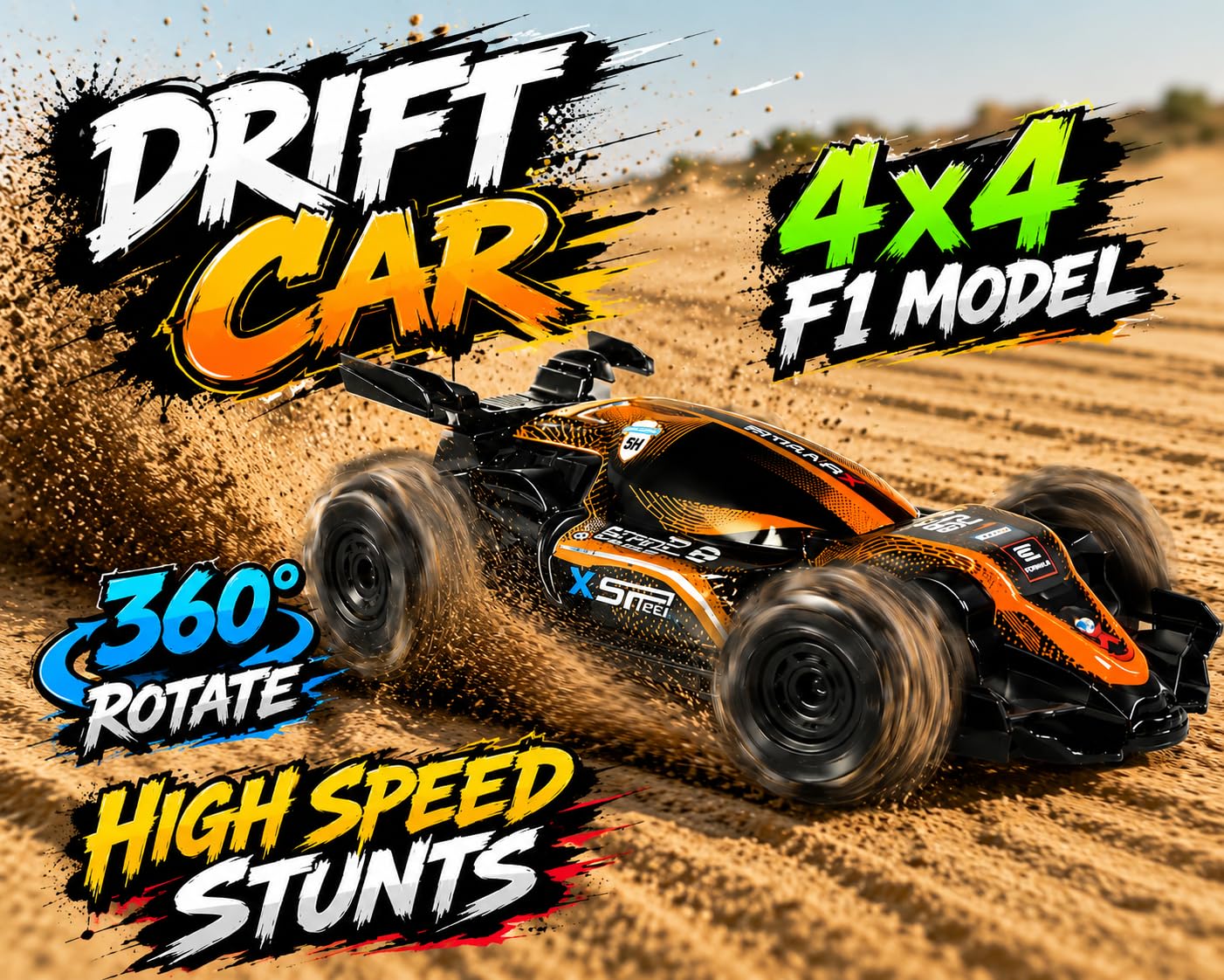 1:40 Scale F1 Racing Drift RC Car with 4WD, 360° Stunt Rotation & Rechargeable Battery