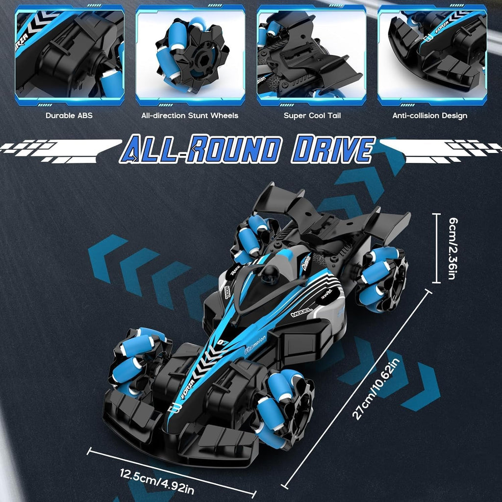 4WD 2.4GHz Drift RC Car with LED Light, F1 Music and Spray Off Road Remote Control Stunt Car 4x4 for 3+ Boys & Girls