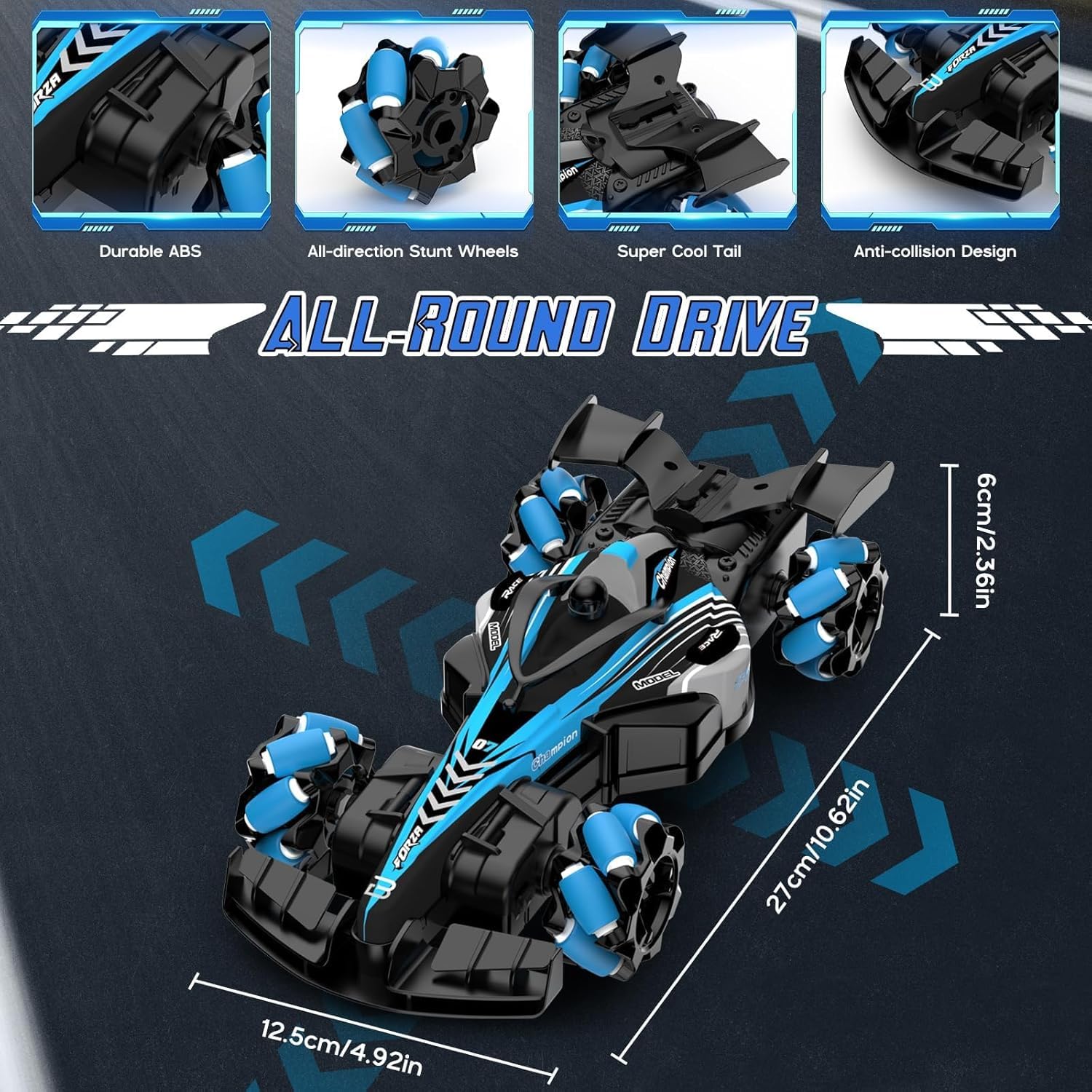 4WD 2.4GHz Drift RC Car with LED Light, F1 Music and Spray Off Road Remote Control Stunt Car 4x4 for 3+ Boys & Girls