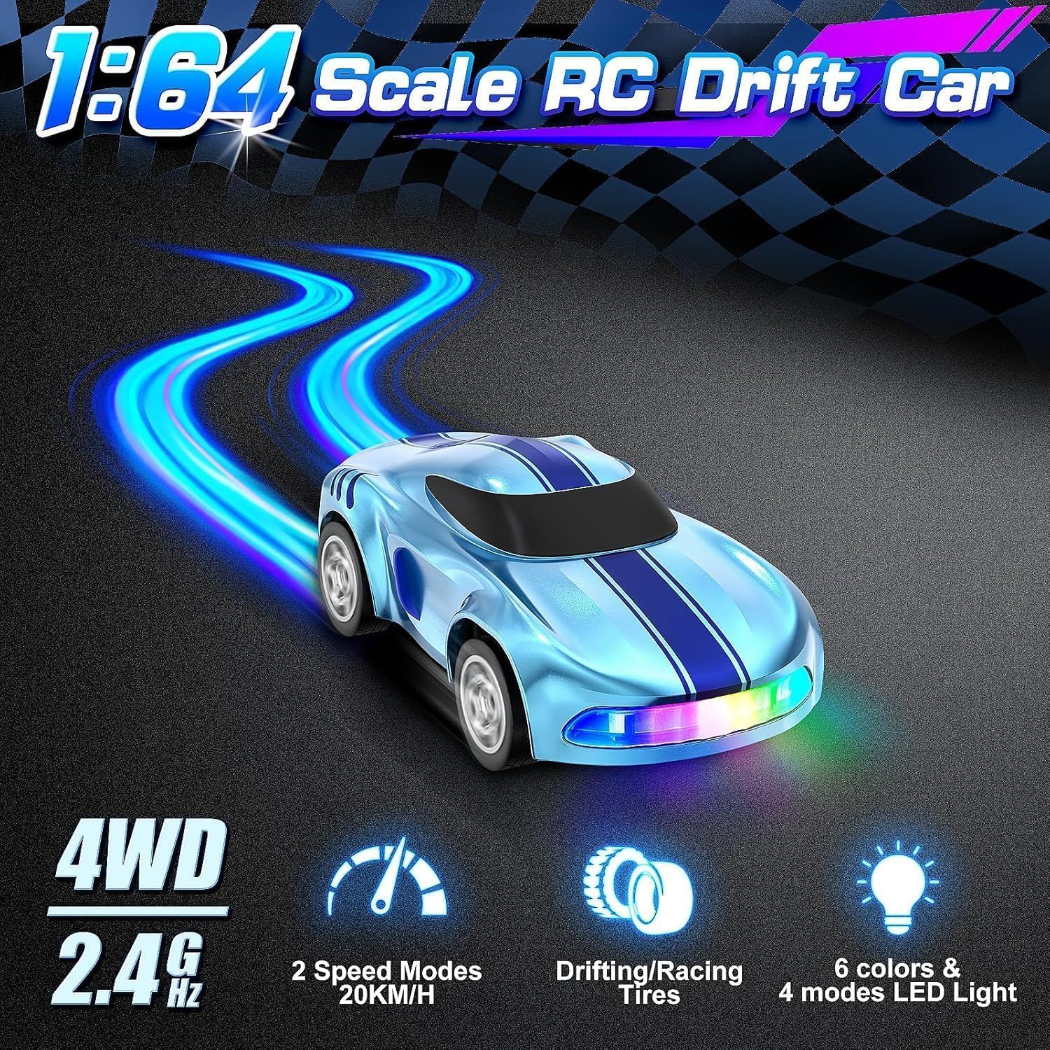 Mini RC Drift Car 1:64 Scale Remote Control Car with LED Lights & Speed Mode, 2.4GHz Stunt Drifting RC Toys, Hobby Gift for Kids & Adults
