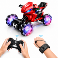 ATV Style RC Drift Bike with 360° Rotation 2.4GHz Remote & Watch Control Twist Deformation LED Light-Up Wheels Inbuilt Music & 1-Click Demonstration Rechargeable Motorcycle for Boys