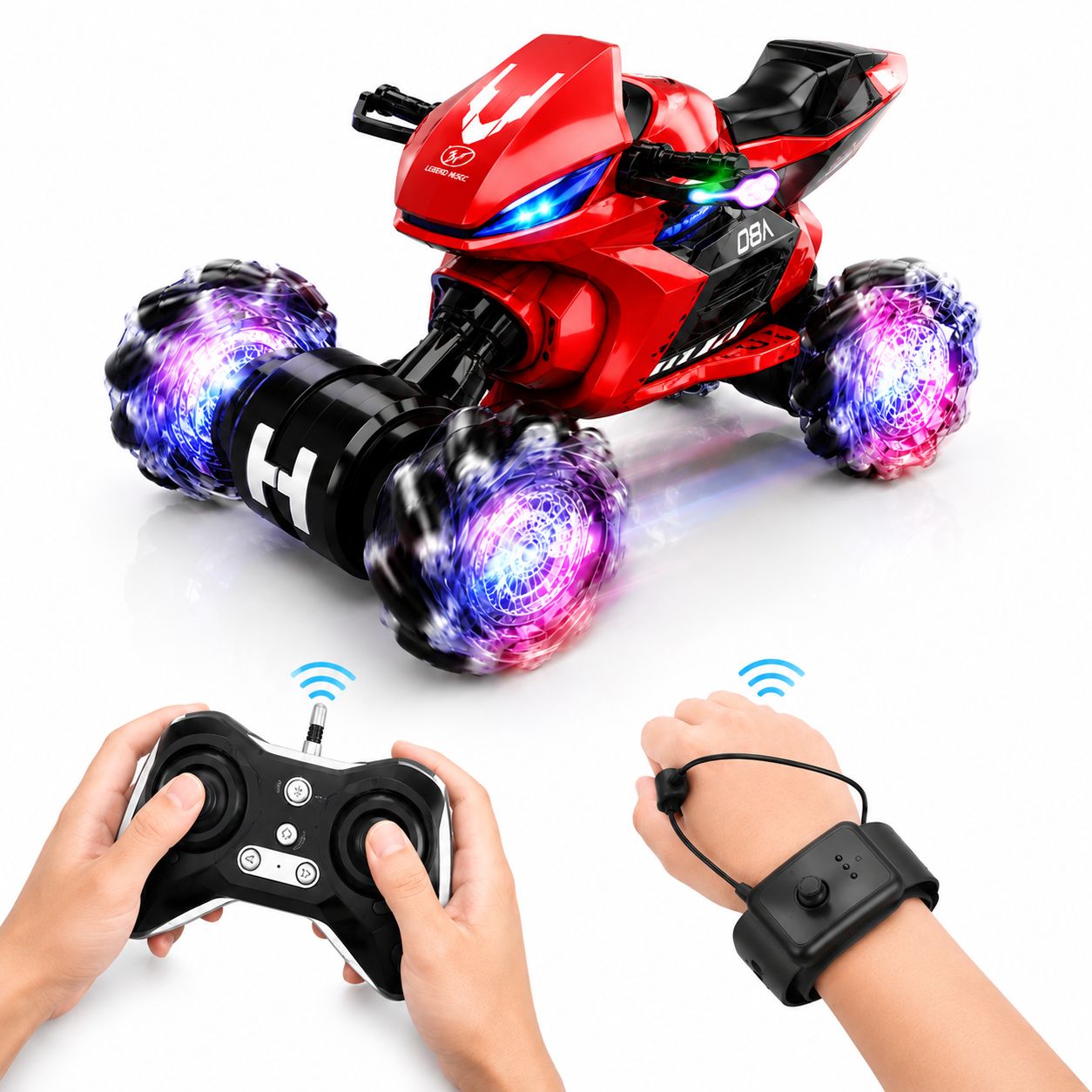 ATV Style RC Drift Bike with 360° Rotation 2.4GHz Remote & Watch Control Twist Deformation LED Light-Up Wheels Inbuilt Music & 1-Click Demonstration Rechargeable Motorcycle for Boys
