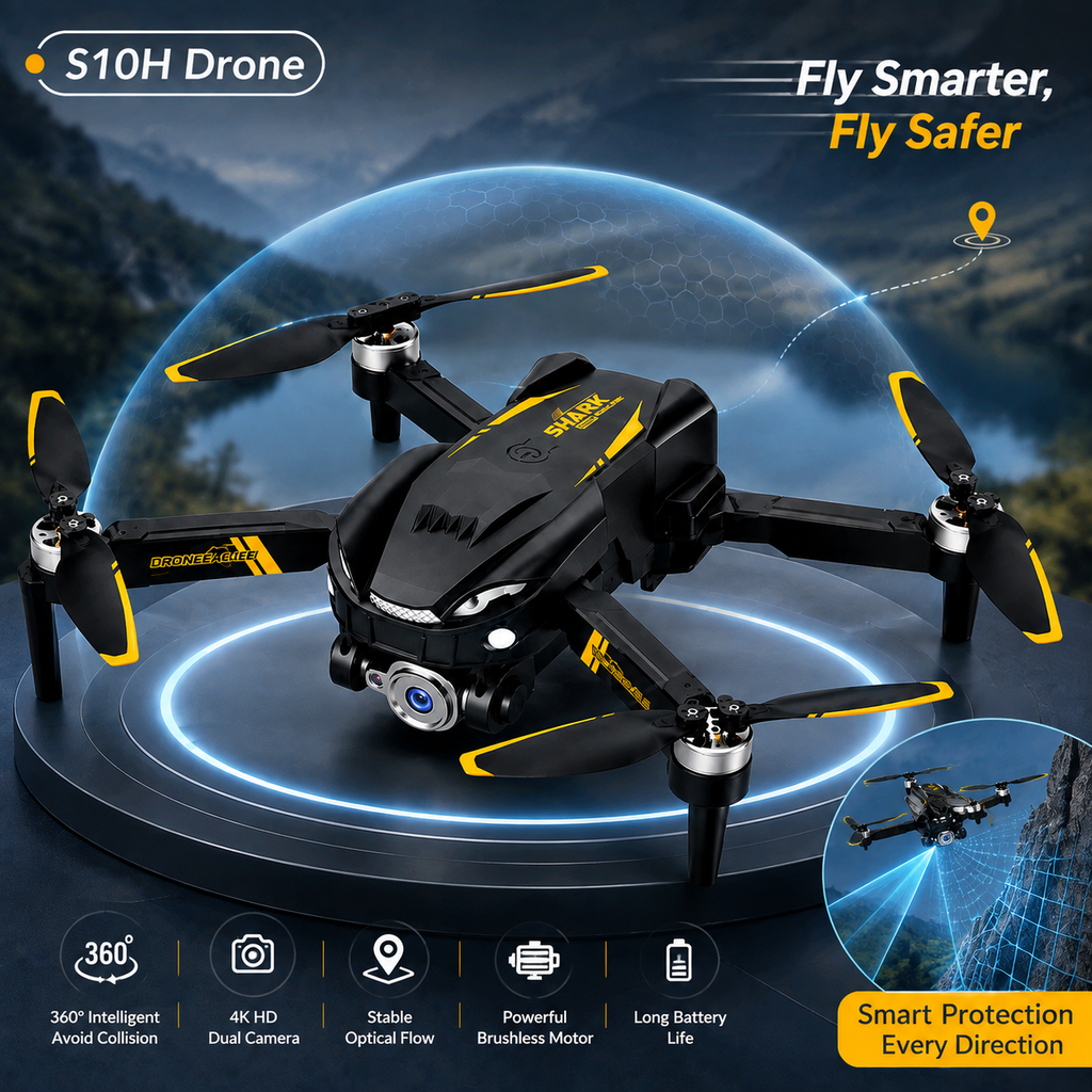 S10H WiFi Foldable Drone with Dual Camera Optical Flow Positioning Brushless Motor Display Remote Controller 360° Flip, One-Key Takeoff/Landing & Rechargeable Battery