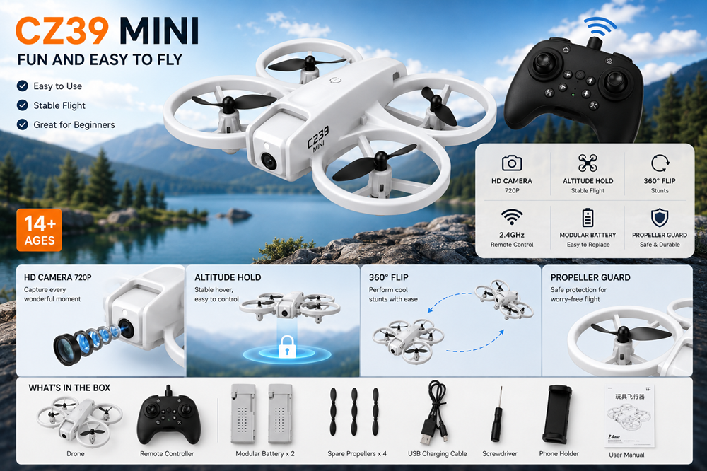 CZ39 Mini Drone with Camera for Kids & Beginners, 2 Battery Foldable RC Quadcopter with Altitude Hold, 360° Flip, Headless Mode & 2.4GHz Remote Control Toy Drone for Boys & Girls
