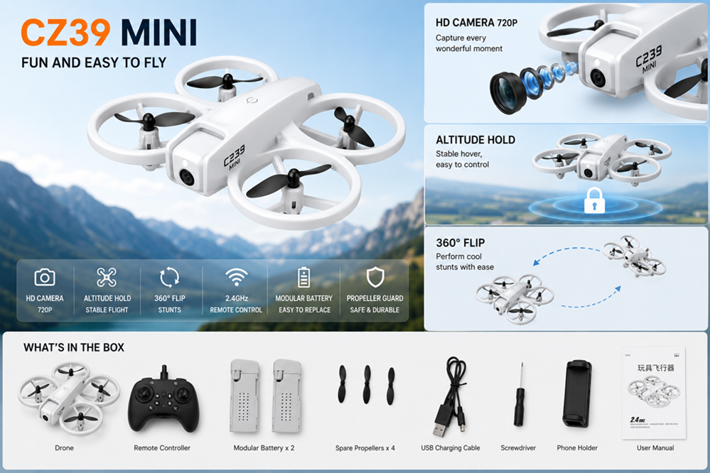 CZ39 Mini Drone with Camera for Kids & Beginners, 2 Battery Foldable RC Quadcopter with Altitude Hold, 360° Flip, Headless Mode & 2.4GHz Remote Control Toy Drone for Boys & Girls