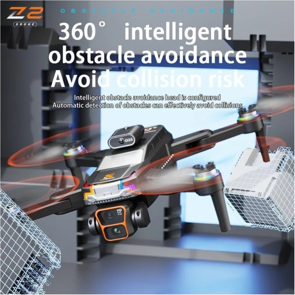 The JS39P Drone features dual 4K/1080p cameras, WiFi FPV, 360° obstacle avoidance, brushless motors, gesture control, one-key take-off/landing, a 4.5" LCD display, and 20 min flight—highlighting advanced collision prevention in a futuristic design.
