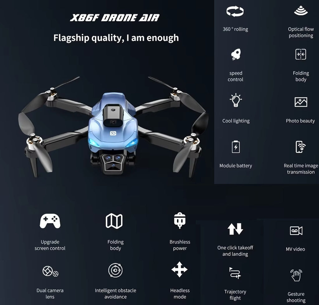 Foldable HD Camera Drone with LCD Display Brushless Motors Obstacle Avoidance FPV Live Transmission 90° Adjustable Camera & 360° Flip RC Quadcopter