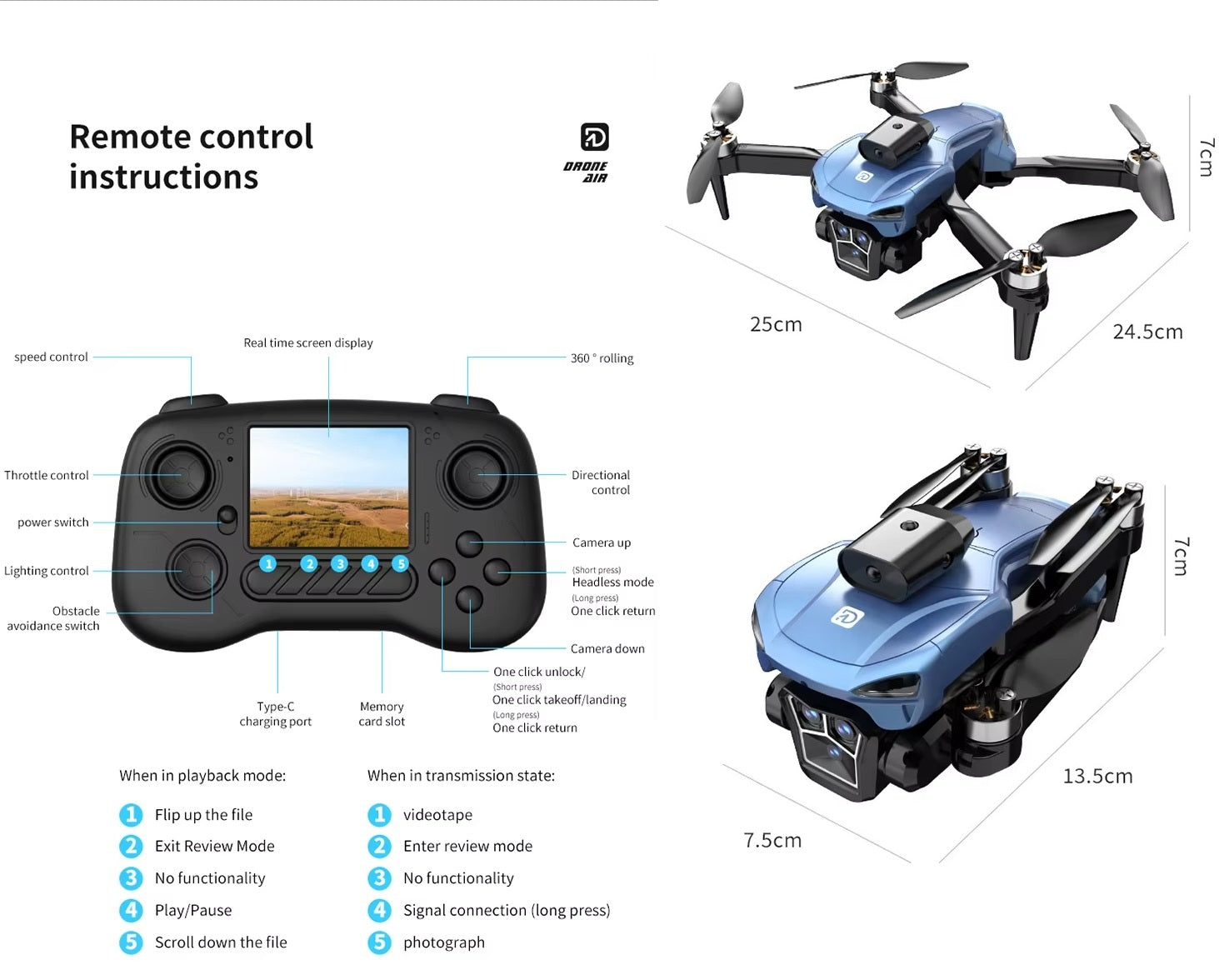 Foldable HD Camera Drone with LCD Display Brushless Motors Obstacle Avoidance FPV Live Transmission 90° Adjustable Camera & 360° Flip RC Quadcopter