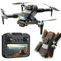 The JS39P Drone, featuring a foldable black design with orange accents, flies and folds beside its remote control, which displays a rocky terrain scene via 1080p WiFi FPV on a 4.5" LCD; includes dual cameras and gesture control.