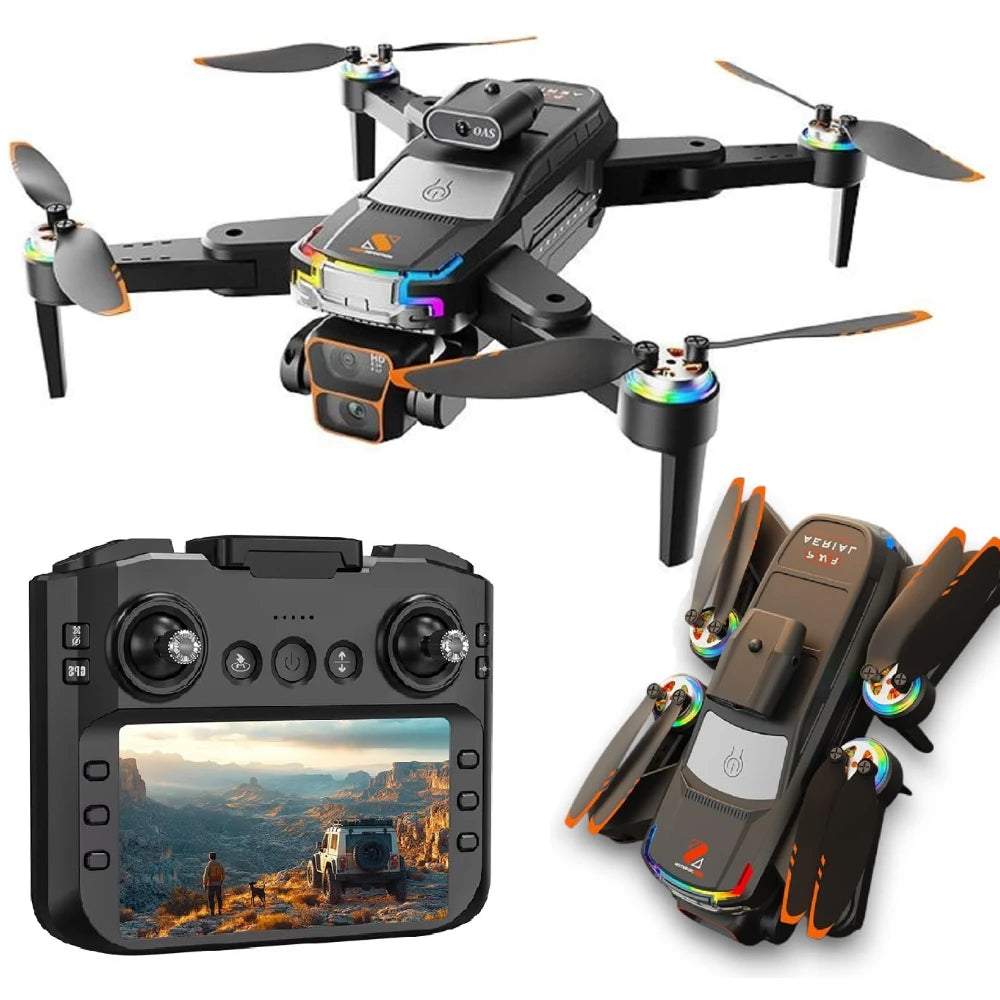 The JS39P Drone, featuring a foldable black design with orange accents, flies and folds beside its remote control, which displays a rocky terrain scene via 1080p WiFi FPV on a 4.5" LCD; includes dual cameras and gesture control.