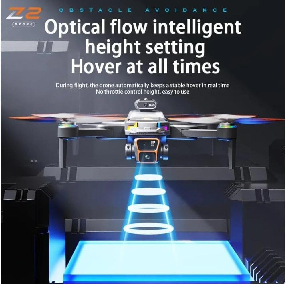 A JS39P Drone with 4K dual cameras hovers above a glowing platform, featuring 1080p WiFi FPV, brushless motor, gesture control, optical flow height setting, stable hover, obstacle avoidance, and a 4.5" LCD for real-time transmission.