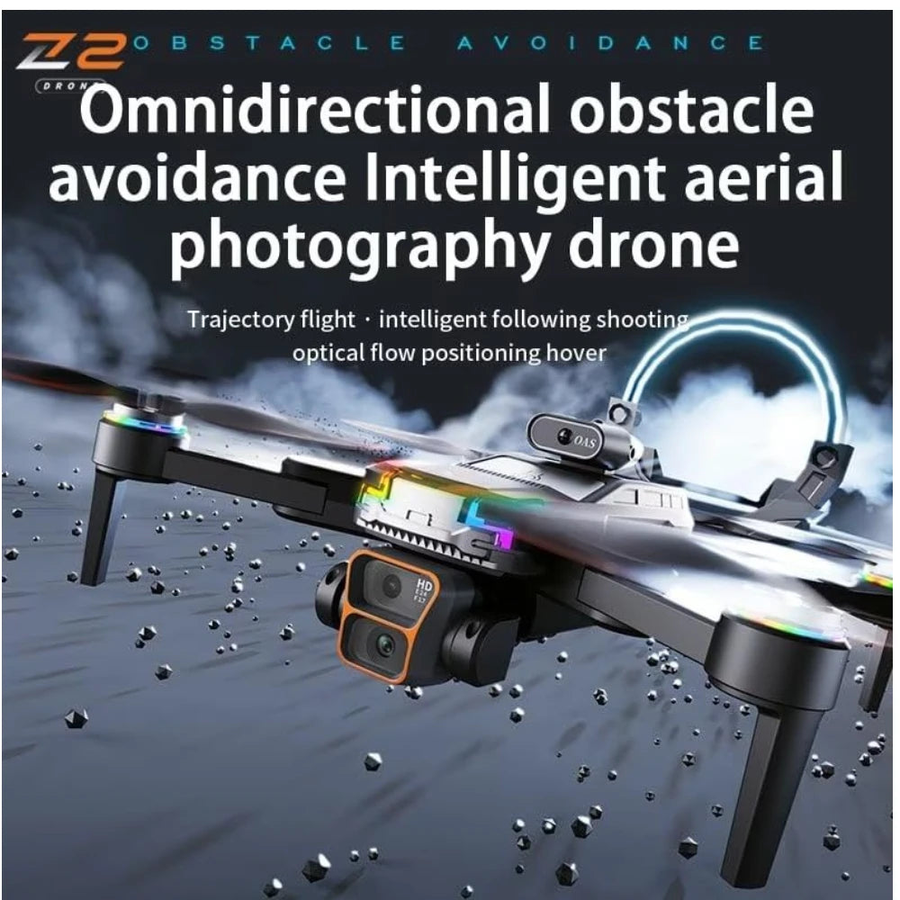 The JS39P Drone, a black 4K dual camera drone with 1080p WiFi FPV, brushless motor, and obstacle avoidance, hovers mid-air. Features include gesture control, optical flow positioning, intelligent flight modes, and one key take-off/landing.