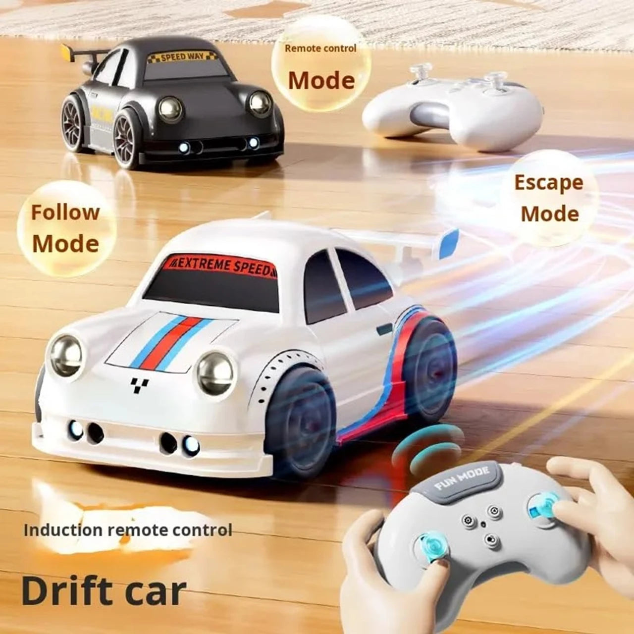 Remote Control Drift Car with Gesture Sensor, 360° Stunt RC Car with LED Lights, Rechargeable 2.4GHz Smart Follow Me & Escape Mode Racing Toy for Kids Boys Girls(White)